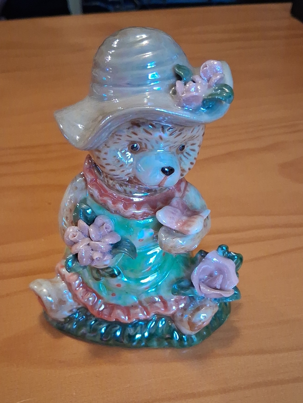 Ceramic Floral Bear Figurine in Mint Green and Pink
